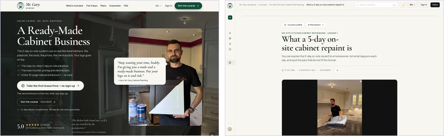 Page de présentation et leçon du cours Mr. Gary Academy