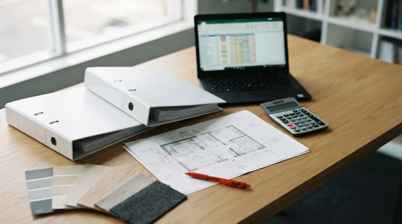 Dossier de franchise sur une table de travail : manuels d'exploitation, plan d'aménagement, échantillons de marque